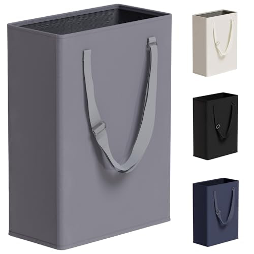 45L Slim Laundry Hamper with Adjustable Long Handles & Mesh Top, Grey | Small Laundry Baskets with Mesh Top, Narrow Dirty Clothes Hamper for Bedroom, Closet, and Bathroom - color: Gray, size: 45L
