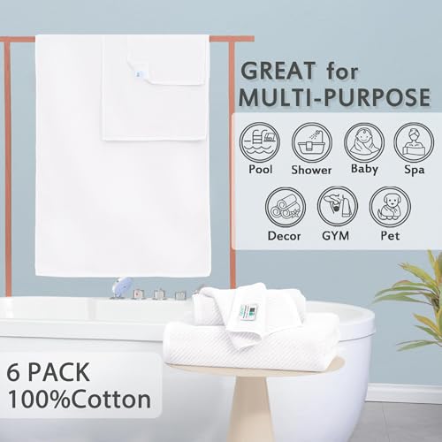 VOOVA & MOVAS White 6PC Towel Set, 100% Cotton | 2 Large Bath 30x56 In, 2 Hand 18x28 In, 2 Wash Cloths 13x13 In, Quick Dry, Thick, Hotel Shower Towel Luxury - color: White, size: 6 PC Bathroom Towel Set
