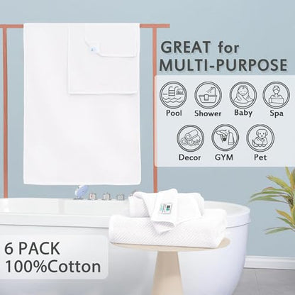 VOOVA & MOVAS White 6PC Towel Set, 100% Cotton | 2 Large Bath 30x56 In, 2 Hand 18x28 In, 2 Wash Cloths 13x13 In, Quick Dry, Thick, Hotel Shower Towel Luxury - color: White, size: 6 PC Bathroom Towel Set