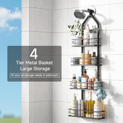 4 Tier Shower Caddy Hanging, Adjustable Shower Overhead Caddy Rustproof, No Drilling Standing Shower Caddy Handing Shower Racks for Bathroom Shampoo Soap Storage
