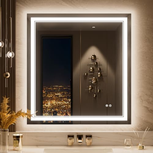 Keonjinn 30" x 32" LED Bathroom Mirror with Lights, Safe HD Tempered Glass | Frontlit & Backlit, 3 Color Lights, Stepless Dimmable, Fast Defogging, Frameless LED Wall-Mounted Vanity Mirrors, Rectangle - size: 32"L x 30"W