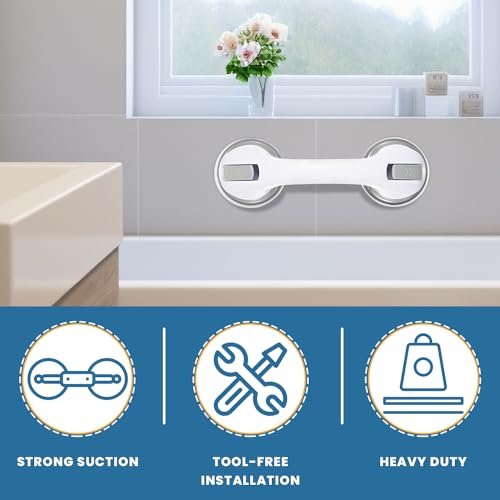 12-Inch Suction Grab Bars for Bathtubs and Showers - 2 Pack Heavy-Duty Bathroom Safety Handles for Seniors and Shower Chairs (Gray/White) Grab Bars can be attached to Tiles, Glass & Hard Plastic ONLY.