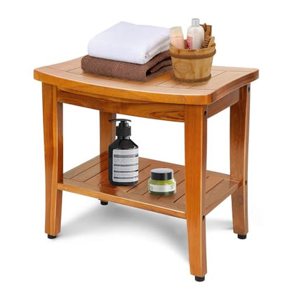 20" Premium Teak Shower Bench with Shelf & Handle, Solid Teak Shower Stool, Durable Wooden Waterproof Seat for Inside Shower, Teak Wood Bench for Bathroom, Indoor & Outdoor Use - size: 20" W x 13.5" Dx 18" H