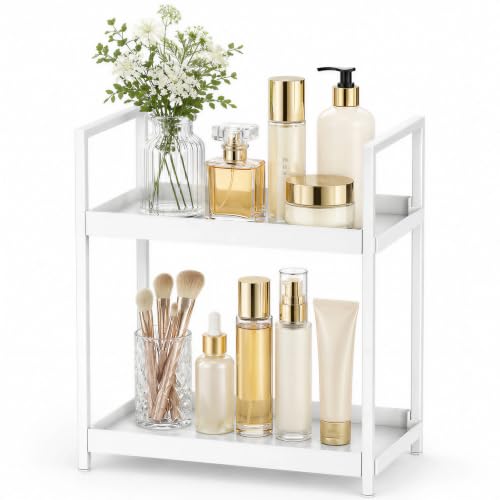 2 Tier Bathroom Counter Shelf Organizer for Skincare Makeup | Bathroom Vanity Countertop Organizer for Perfume Cosmetic, Small Bathroom Organizers and Storage for Sink Dresser, White - color: White