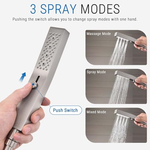 G-Promise All Metal 3-Function Handheld Shower Wand | Built to Last, Easy Install, with On/Off Switch Holder, Extra Long Hose, Modern Upgrade - color: Brushed Nickel, style: Square
