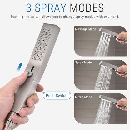 G-Promise All Metal 3-Function Handheld Shower Wand | Built to Last, Easy Install, with On/Off Switch Holder, Extra Long Hose, Modern Upgrade - color: Brushed Nickel, style: Square
