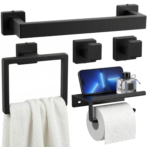 Tudoccy 5-Pieces Matte Black Bathroom Accessories Set, Bathroom Hardware Set SUS304 Stainless Steel Rustproof Wall Mounted - Includes 16" Hand Towel Bar, Toilet Paper Holder with Shelf, Towel Hooks | Rustproof Wall-mounted Hand Towel Bar, Roilet Paper Hol