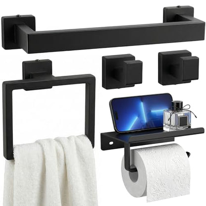 Tudoccy 5-Pieces Matte Black Bathroom Accessories Set, Bathroom Hardware Set SUS304 Stainless Steel Rustproof Wall Mounted - Includes 16" Hand Towel Bar, Toilet Paper Holder with Shelf, Towel Hooks | Rustproof Wall-mounted Hand Towel Bar, Roilet Paper Hol