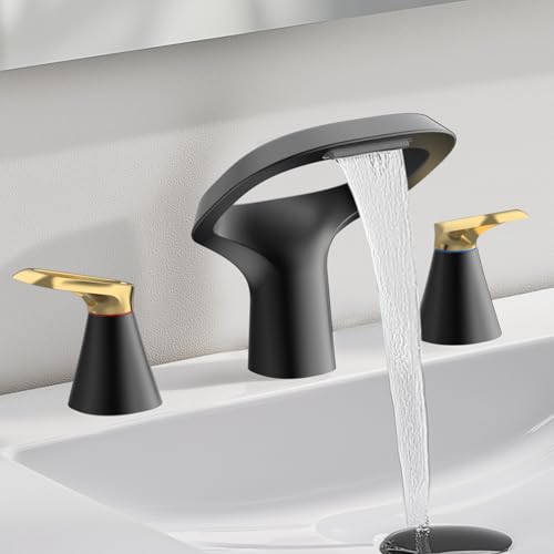 Black Bathroom Faucet 3 Hole, Modern Faucet for Bathroom Sink with Adjustable Spout, Solid Brass 8 Inch Widespread Waterfall Bathroom Faucets with Water Supply Hoses and 2 Gold Handles - color: Black Gold, style: Modern