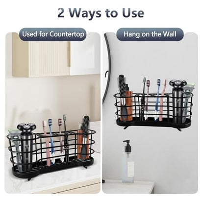 Wall Mount Toothbrush Holder, Black | Stainless Steel, Self-Adhesive, 4 Slots, For Shower, Countertop Compatible - color: Black Round