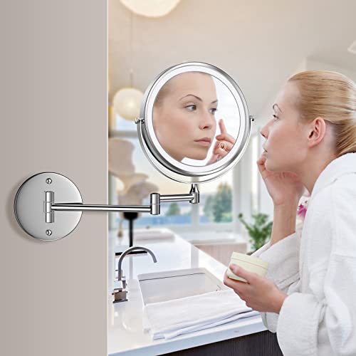 Rechargeable Wall Mounted Lighted Makeup Mirror Chrome, 8 Inch Double-Sided LED Vanity Mirror 1X/10X Magnification,3 Color Lights Touch Screen Dimmable 360°Swivel 13 Inch Extendable - color: 8 Inch Chrome