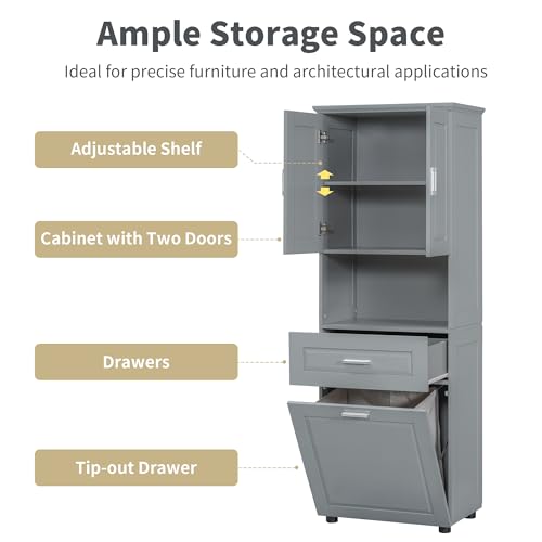 JIVOIT 70" H Tall Bathroom Cabinet with Laundry Basket, Double Cabinets with Doors and Open Storage Space, Tilt-Out Laundry Hamper and Upper Storage Cabinet (Grey * 102) - color: Grey * 102
