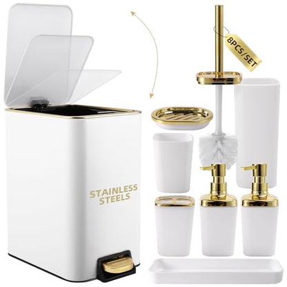 XLHOMO White Bathroom Accessories Set 8 Piece White and Gold Bathroom Set, Bathroom Sets with Stainless Steel Trash Can,Toilet Brush,Toothbrush Set,Soap Dispenser - size: White, style: Bath Set