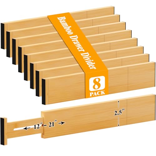Bamboo Drawer Dividers, 12-21 Inch Kitchen Adjustable Drawer Organizers | Expandable Dresser Separators for Clothes, Ideal for Kitchen, Bathroom, Vanity, Office Organization and Storage, 8-Pack - color: Bamboo-8 Pack