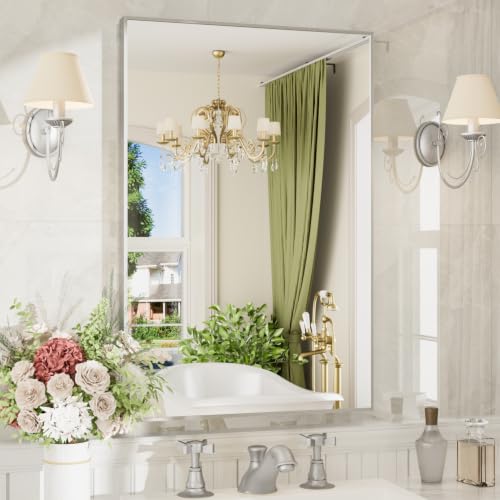 24"x36" Nickel Rectangle Bathroom Mirror for Over Sink, Wall Mounted | Tempered Glass, Clear HD Reflection, Moisture-Resistant Aluminum Frame, Hangs Vertically or Horizontally for Bathroom Vanity - color: Brushed Nickel, size: 24"L x 36"W