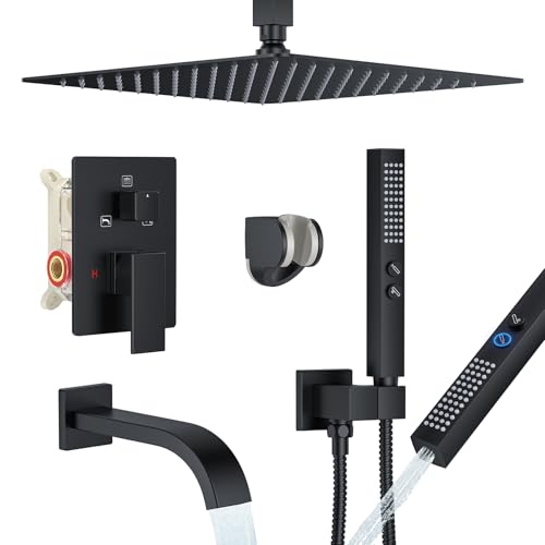 Shower System with Tub Spout, Ceiling Mounted Bathtub Shower Faucet Set, 12" Rainfall Shower Head and Handheld Shower Combo, High Pressure Shower Fixtures Set with Rough-in Valve, Matte Black - color: Matte Black, style: 12" Ceiling Mounted Shower System