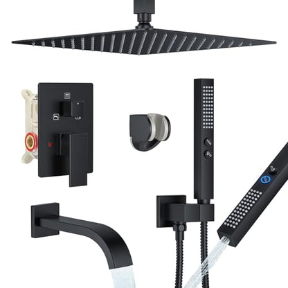 Shower System with Tub Spout, Ceiling Mounted Bathtub Shower Faucet Set, 12" Rainfall Shower Head and Handheld Shower Combo, High Pressure Shower Fixtures Set with Rough-in Valve, Matte Black - color: Matte Black, style: 12" Ceiling Mounted Shower System