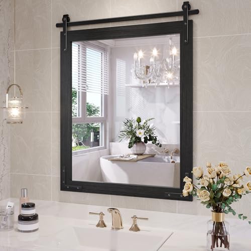 Farmhouse Bathroom Mirror, 24"x30" Black Rustic Bathroom Mirrors | HD glass, solid wooded framed, rectangle, explosion-proof, barn door style, anti-rust, for bathroom/bedroom/entryway - color: Black, size: 24"L x 30"W