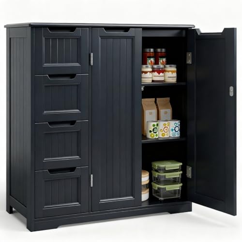 Gizoon Wooden Bathroom Floor Cabinet, Side Storage Organizer Cabinet | Bathroom Storage Cabinet with 4 Drawers & 2 Doors, Adjustable Shelf, Anti-tipping, for Entryway, Living/Dining Room, Black - color: Black