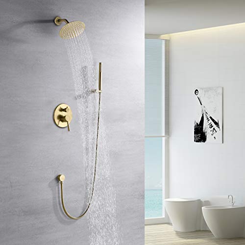 SUMERAIN Brushed Gold Shower Faucet System | with High Pressure 8 Inches Rain Shower Head and Brass Hand Shower, Rough-In Valve Body and Trim Included - color: Brushed Gold, size: 2 Function