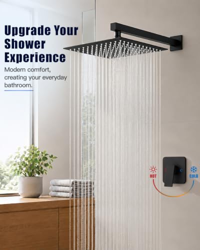 Heyalan 12 Inch Square Rain Shower Faucet Set with Valve, Matte Black | Female-thread 1/2-inch NPT connections, SUS304 shower head, brass rough-in valve, single-handle control Shower Set - color: Black, size: 12 Inch Square Shower Head