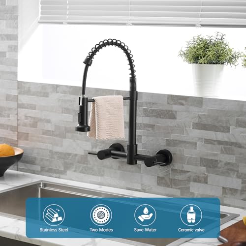 AIMADI Wall Mount Kitchen Faucet,Matte Black Kitchen Sink Faucet | with Pull Down Sprayer,8 inch 2 Handle Commercial Faucet for Kitchen Laundry Room Restaurant - color: Matte Black
