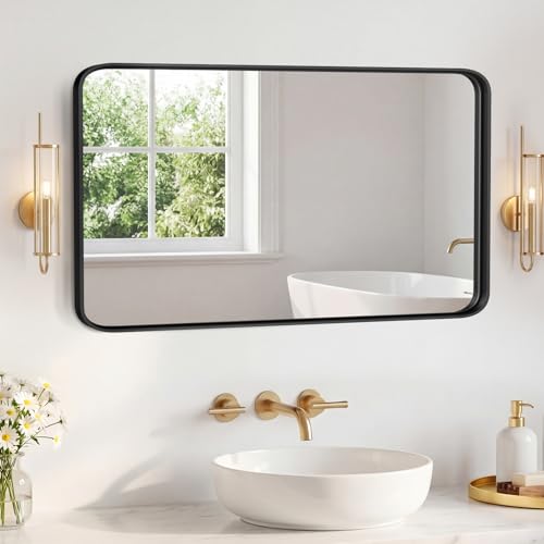 NEWBULIG 30"x48" Wall Mirror, Bathroom Mirrors for Over Sink, Black | Matte Metal Framed Vanity Mirror with Tempered Glass, Entryway, Living Room, Bedroom - color: Black-rect, size: 30"L x 48"W