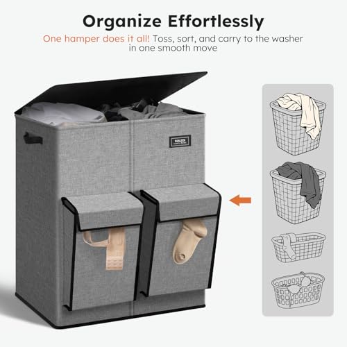 SOLEDI 180L Double Laundry Hamper with Lid and 2 Side Pockets, Dual Hamper | 2 Section Laundry Basket, Removable & Washable Laundry Bags, 180L Large Capacity, for Bedroom, Bathroom, Laundry Room, Dorm - color: Grey