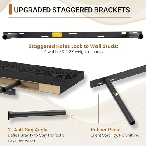 Vivelove Black Floating Shelve 48 Inches 12 Inch Deep, Set of 2 | Invisible Brackets, Easy Mount Shelf with Hardware Kit, for Bathroom Bedroom Living Room Kitchen, Engineered Wood - color: Black, size: 48”wx12”dx1.5”h