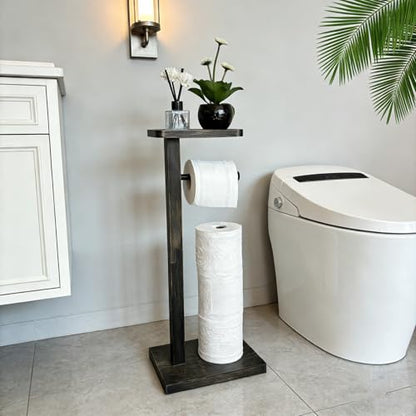 Bamboo Freestanding Bathroom Toilet Paper Holder Stand with Phone Shelf and Storage, Holds 3 Extra Mega Rolls(Balck) - color: Balck
