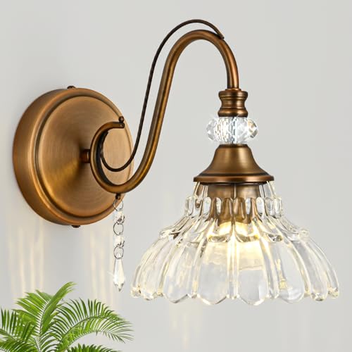 1 Piece Vintage Wall Sconce, 1-Light Matte Antique Brass Finish Wall Sconce with Hanging Crystal Accents and Flower-Shaped Clear Shades for Bathroom Bedroom Living Room,Vintage Vanity Light - color: Antique Brass, size: 1-Light