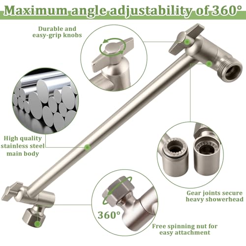 Rain Shower Head Extension 12 Inch Adjustable Rain Shower Head Extension Arm Stainless Steel Shower Head Holder G1/2 Universal Connector Compatible (Brushed Nickel) - color: Brushed Nickel