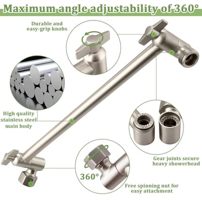 Rain Shower Head Extension 12 Inch Adjustable Rain Shower Head Extension Arm Stainless Steel Shower Head Holder G1/2 Universal Connector Compatible (Brushed Nickel) - color: Brushed Nickel