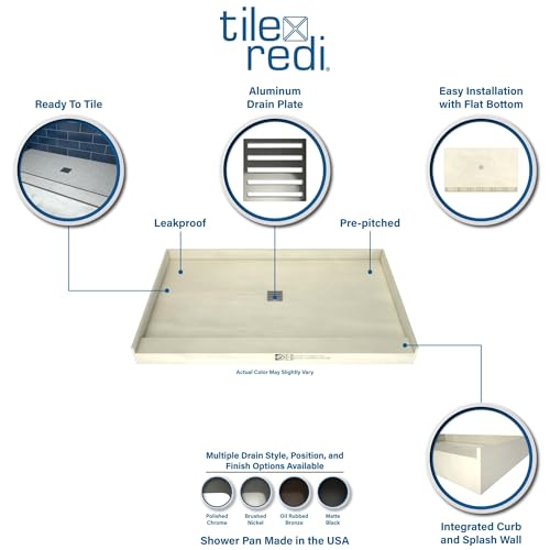 36x60 Shower Pan, Single Curb, Brushed Nickel Square Grate | Leak-Proof, Flat-Bottom, Tileable Shower Base Pan, Pre-Pitched with Integrated Drain and Splash Walls for Bathroom Remodels - color: Center Drain, Single Curb, Brushed Nickel