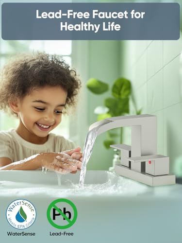 Cobbe Waterfall Bathroom Faucet, Brushed Nickel 4 Inch Centerset 3 Hole | Bathroom Sink Faucet Square with Pop-Up Drain, 2 Handle and 2 Supply Hoses, Lead-Free Stainless Steel for Vanity Sink Rv - color: Brushed Nickel, size: 4 Inch Centerset