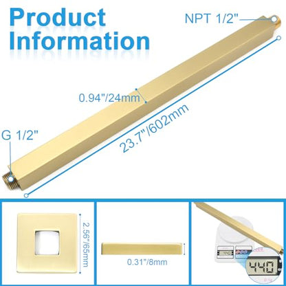 Shower Arm with Flange 24 Inches Ceiling Mount Square Straight Extender Extension Pipe Replacement, Extra Long Shower Arm For Fixed Rain Shower Head or High Ceiling,Brushed Gold - color: Brushed Gold, style: 24inch