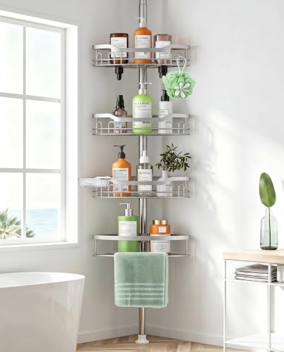 4 Tier Adjustable Stainless Steel Corner Shower Caddy Tension Pole | Bathroom Organizer Shelves for Inside Shower Bathtub Shampoo Storage,26 to 120 Adjustable Standing Rack with Towel Rack - color: Silver