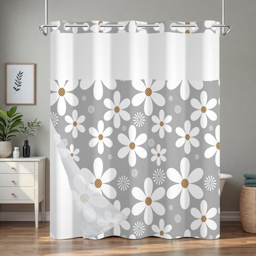 No Hook Shower Curtain and Liner Set, Grey and White Floral Shower Curtain with Snap in Liner and Mesh Top Window, Waterproof Shower Curtains with Weighted Hem for Bathroom and Hotel, 71x74 Inches - color: White Daisies