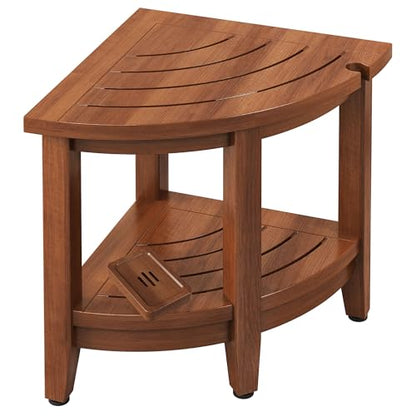 18" Teak Corner Shower Stool, Inside Shower Stool with Storage Shelf, Waterproof Teak Stool for Shaving Legs and to Sit On, 2-Tier Shower Stool,Adjustable Feet, Non-Slip, Brown