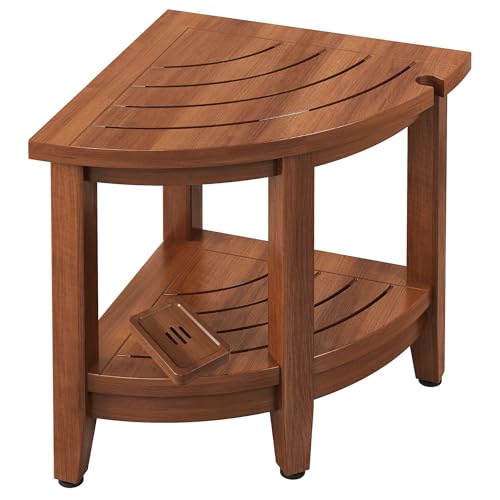 18" Teak Corner Shower Stool, Inside Shower Stool with Storage Shelf, Waterproof Teak Stool for Shaving Legs and to Sit On, 2-Tier Shower Stool,Adjustable Feet, Non-Slip, Brown