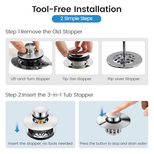 SOTOMO Bathtub Stopper Pop-Up Drain Stopper with Hair Catcher, Tub & Shower Drain Protector with Strainer, Universal Bathroom Bathtub Plug for 1.5"–1.75" Drain Holes, Anti-Clog,Silvery