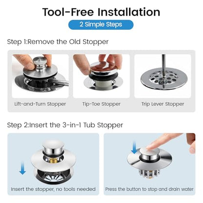 SOTOMO Bathtub Stopper Pop-Up Drain Stopper with Hair Catcher, Tub & Shower Drain Protector with Strainer, Universal Bathroom Bathtub Plug for 1.5"–1.75" Drain Holes, Anti-Clog,Silvery