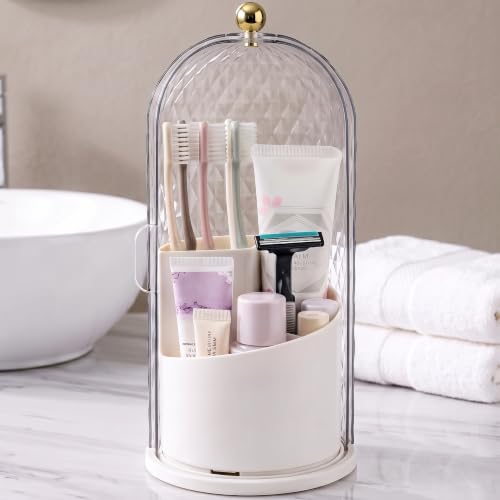 QIYVLOS Toothbrush Holders with Sliding Lid, Rotating 3 Slots Bathroom Organizer Countertop, Tooth Brush Toothpaste Holder Bathroom Counter Stand Caddy for Vanity Makeup Brushes Holder (White) - color: White