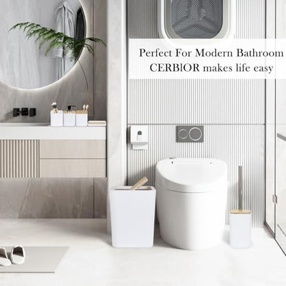 CERBIOR Bamboo Bathroom Accessories Set 6 Piece Bath Ensemble(White) | Includes Soap Dispenser, Toothbrush Holder, Toothbrush Cup, Soap Dish for Decorative Countertop and Housewarming Gift - size: Complete Set, style: White
