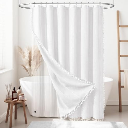 BTTN 3 in 1 Shower Curtain with Liner, White Boho Linen Striped Cloth Tassel Shower Curtain Set with Plastic Hook, Farmhouse Bohemian Country Waterproof Fabric Shower Curtain for Bathroom, 72x72 - color: White With Liner, size: 72"W x 72"L (Pack of 1)