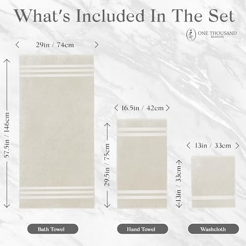 Premium Staple Cotton Bathroom Towel Set - Beige 600 GSM 6-Piece Luxury Bath Towel Set 3 Stripe - 2 Bath Towels, 2 Hand Towels & 2 Washclothes Set - High Absorbent & Quick Dry for Gym, Spa, Hotel - color: Beige - 3 Stripe