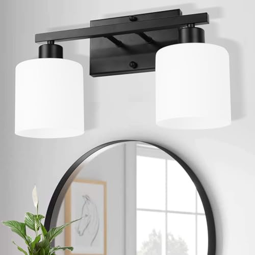SILAMPDI 2-Light Bathroom Lighting Fixtures, Black Modern Vanity Lights Wall Lamp with Milky White Glass Shades for Mirror Kitchen Living Room Hallway Cabinet Porch, Bulbs Not Included - color: Black-2Light