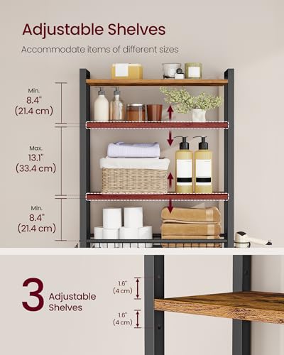 VASAGLE BARNET Collection - Over the Toilet Storage, Over Toilet Bathroom Organizer with Adjustable Shelves and Basket, 3 Hooks, Space Saving, 9.4 x 23.6 x 68.1 Inches, Rustic Brown UBTS114KD01S - color: Rustic Brown, style: 4 Tiers (68.1" H)