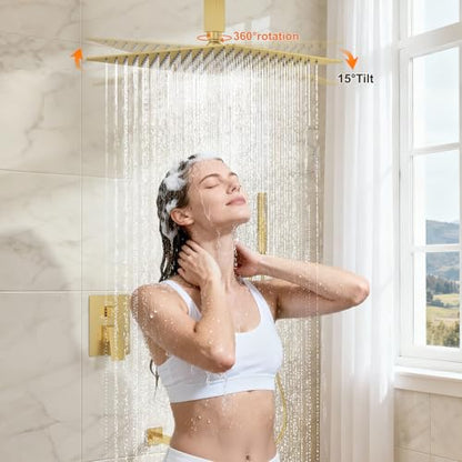 Brushed Gold Shower System with Tub Spout, Ceiling Mounted Bathtub Shower Faucet Set, 12" Rainfall Shower Head and Handheld Shower Combo, High Pressure Shower Fixtures Set with Rough-in Valve - color: Brushed Gold, style: 12" Ceiling Mounted Shower System