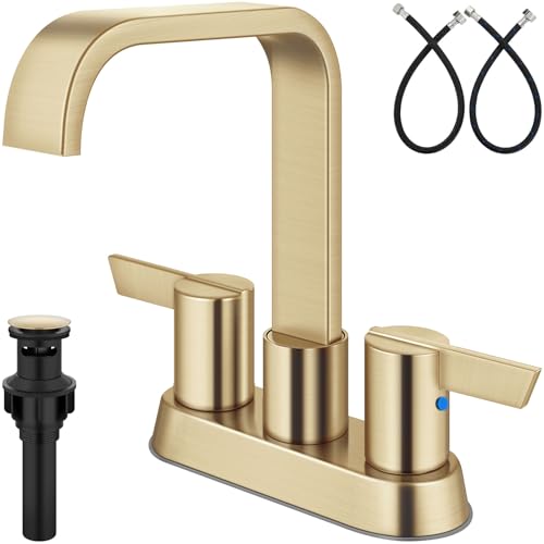 Brushed Gold Waterfall Bathroom Faucet 4 Inch Centerset,2-Handle | Stainless Steel 3-Hole Deck-Mount Design Includes Supply Lines and Pop-Up Drain for a Complete Vanity Installation - color: Brushed Gold